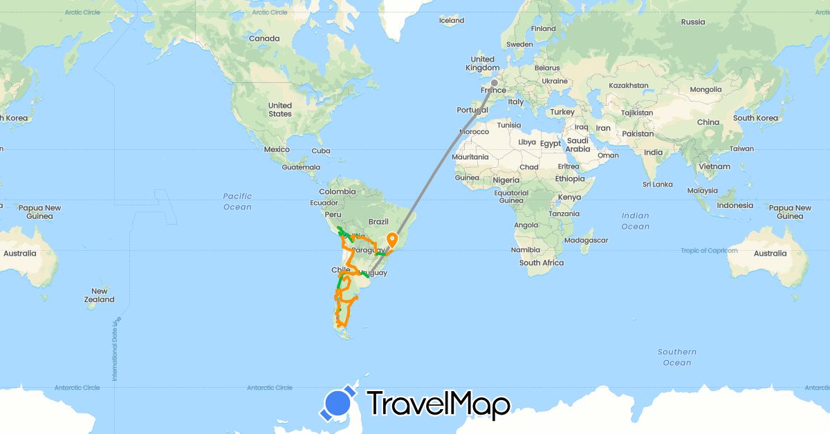 TravelMap itinerary: driving, bus, plane, hiking, boat, hitchhiking in Argentina, Bolivia, Brazil, Chile, Spain, France, Peru (Europe, South America)